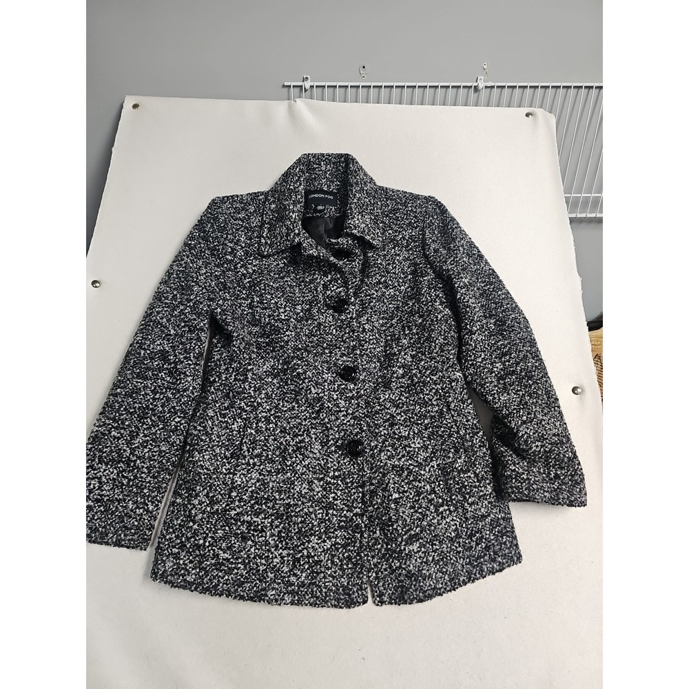 Women's London Fog Black Tweed Button‎ Front Coat Size Large Shoulder Pads